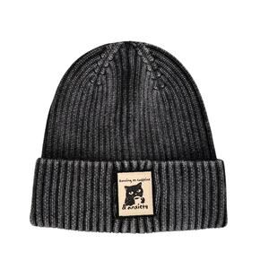 HatPhile Running on Caffeine & Anxiety Black Cat Vintage Beanie